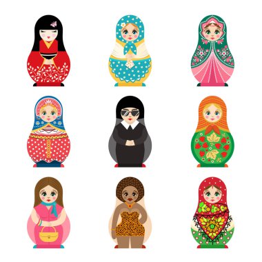 Geleneksel Rusça matryoshka oyuncak el yapımı süs şekil kalıbı ile bebek vektör çizim boyalı çocuk yüz ve eşarp kadın Hatıra ile tanımlar..