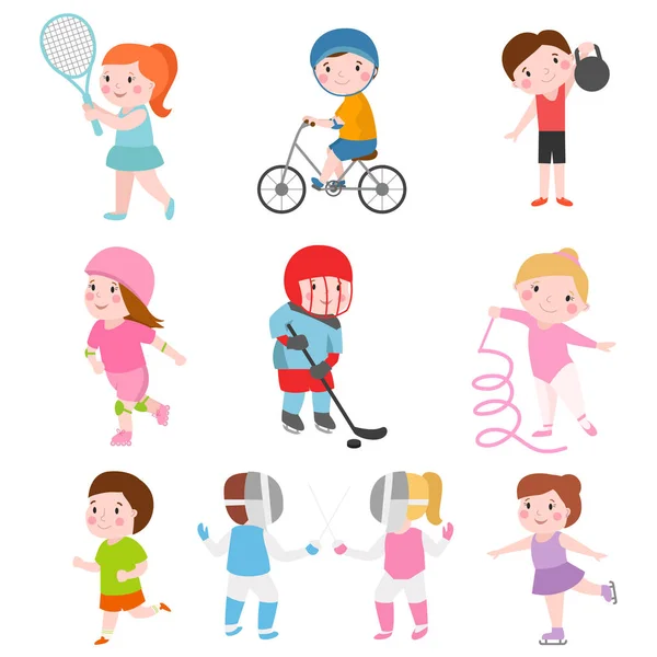 Молодые дети спортивные будущие роликовые коньки гимнастика изолированы на белых и детей юных победителей после спортшколы игроков векторной иллюстрации . — стоковый вектор