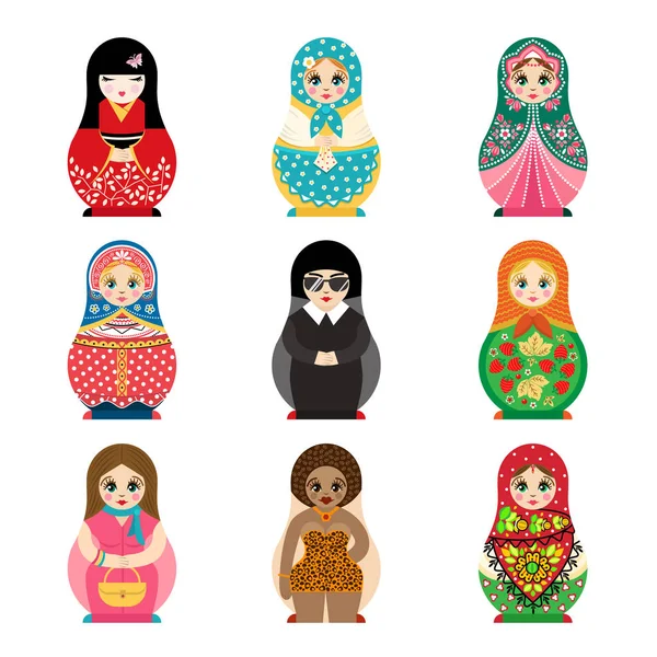 Traditionele Russische matryoshka toy set met handgemaakte sieraad figuur patroon met kind gezicht en Baboesjka vrouw souvenir geschilderd pop vectorillustratie. — Stockvector