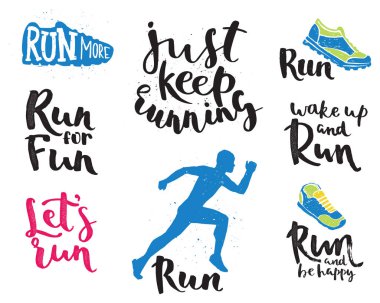 Çalışan adam maraton logo koşu Amblemler etiket ve fitness eğitim atlet sprint motivasyon rozet başarı izole iş runner vektör çizim simgesi.