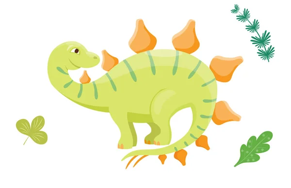 Dessin animé dinosaure vecteur illustration isolé monstre animal dino préhistorique personnage reptile prédateur jurassique feuille fantaisie dragon — Image vectorielle