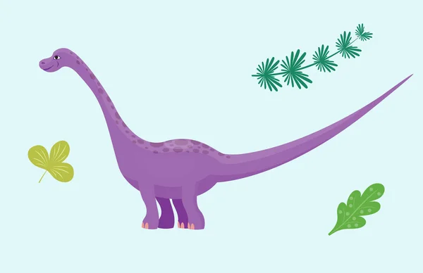 Kreskówka dinozaur diplodok wektor ilustracja na białym tle potwór zwierząt dino znaków prehistorycznych gadów drapieżnik jurassic liść smoka — Wektor stockowy