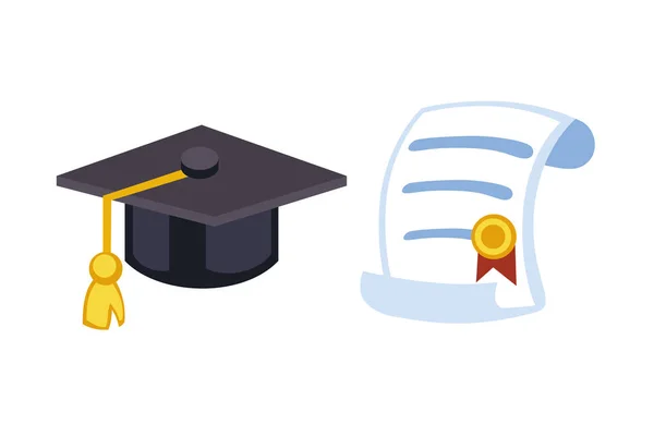 Érettségi kap oklevelet kalap ikon ünnepe vektoros illusztráció. Egyetemi iskolai diák szertartás szimbólum. Eredmény egyetemi diploma diplomás siker ruhával. — Stock Vector