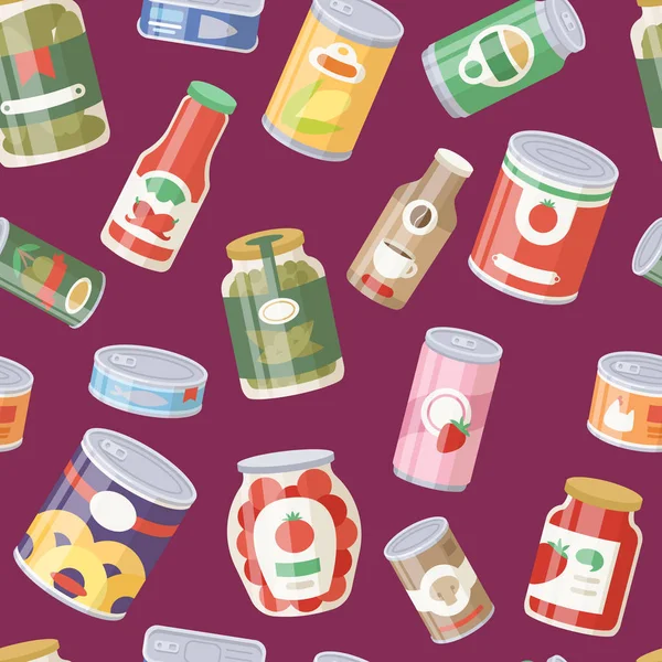 Collection of various tins canned goods food metal container seamless pattern background — Stock Illustration Collection of various tins canned goods food metal container seamless pattern background Vector Graphics