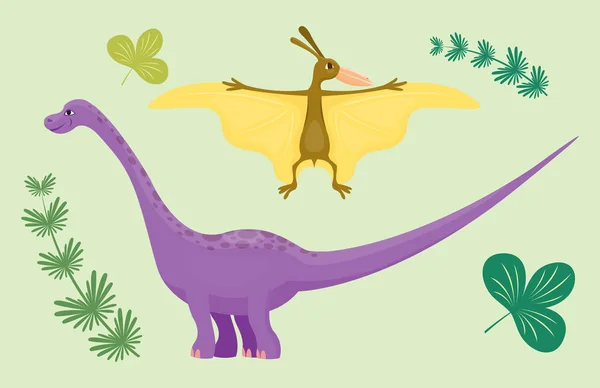 Dessin animé dinosaure ptérodactyle diplodocus vecteur illustration isolé monstre animal dino préhistorique personnage reptile prédateur jurassique comique fantaisie dragon — Image vectorielle