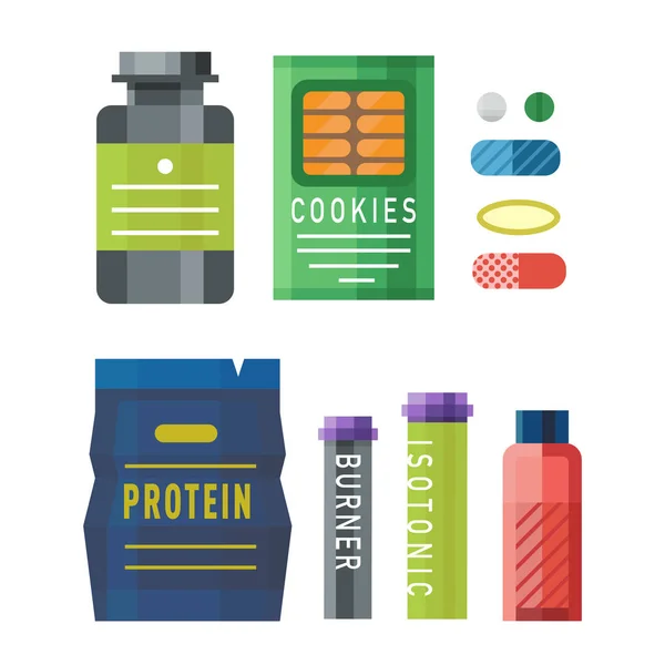 Icono de la nutrición deportiva en el estilo plano detallada alimentación saludable y la dieta de fitness culturismo proteina poder bebida suplemento atlético energía vector ilustración . — Vector de stock