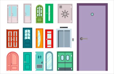 Kapılar izole vektör çizim giriş kapı ev iç çıkış tasarım mimari giriş set nesne açık ahşap sapı yakın girin