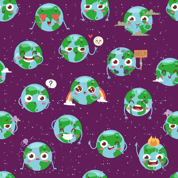 Globo de dibujos animados con la emoción web iconos verde sonrisa global cara feliz naturaleza carácter expresión y ecología planeta tierra mapa del mundo sin fisuras patrón vector ilustración . — Archivo Imágenes Vectoriales