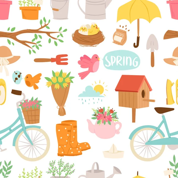Spring natural floral symbols with blossom gardening tools seamless pattern background — Stock Vector