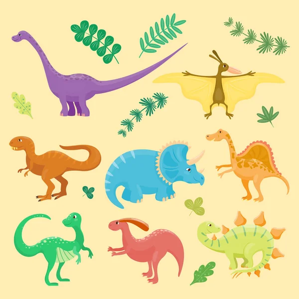Cartoon dinosaurs vector illustration isolated monster animal dino prehistoric character reptile predator jurassic fantasy dragon leaf — Stock Vector