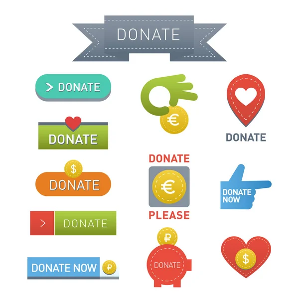 Donera knappar vektor set illustration hjälp ikon donation gåva välgörenhet isolerade stöd design logga bidra bidrag ger pengar ger symbol — Stock vektor
