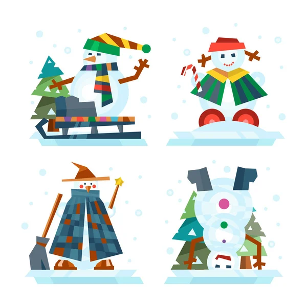 Vacaciones de invierno muñeco de nieve carácter alegre en traje de temporada fría y celebración de Navidad de nieve saludo diciembre alegría icono de hielo vector ilustración . — Vector de stock