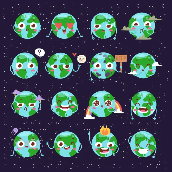 Globo dos desenhos animados com ícones da web emoção verde global sorriso feliz natureza personagem expressão e ecologia planeta terra mundo azul mapa vetor ilustração . —  Vetores de Stock