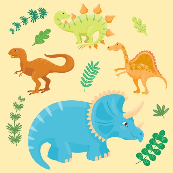 Fumetto dinosauri vettore illustrazione isolato mostro animale dino preistorico personaggio rettile predatore giurassico fantasia drago foglia — Vettoriale Stock