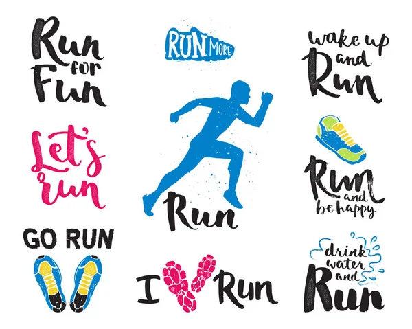 Course homme marathon logo jogging emblèmes étiquette et fitness entraînement athlète symbole sprint motivation badge succès travail isolé coureur vecteur illustration . — Image vectorielle