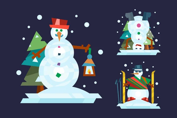 Vacances d'hiver bonhomme de neige personnage gai en costume de saison froide et célébration de Noël de neige saluant décembre joie icône de glace illustration vectorielle . — Image vectorielle