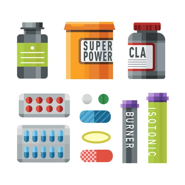 Sport voeding pictogram in vlakke stijl gedetailleerde gezonde voeding en fitness dieet bodybuilding proteine macht drankje atletische supplement energie vectorillustratie. — Stockvector