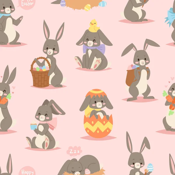 Heureux adorable lapin personnage de dessin animé joyeux mammifère vacances art lièvre avec panier et mignon lapin de Pâques avec des œufs drôle vecteur animal motif sans couture — Image vectorielle