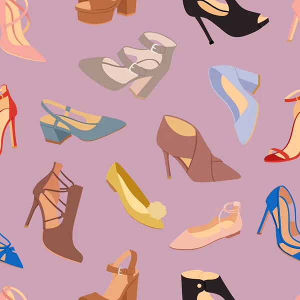 Zapatos para mujer plana moda calzado diseño vector patrones sin costura fondo — Vector de stock