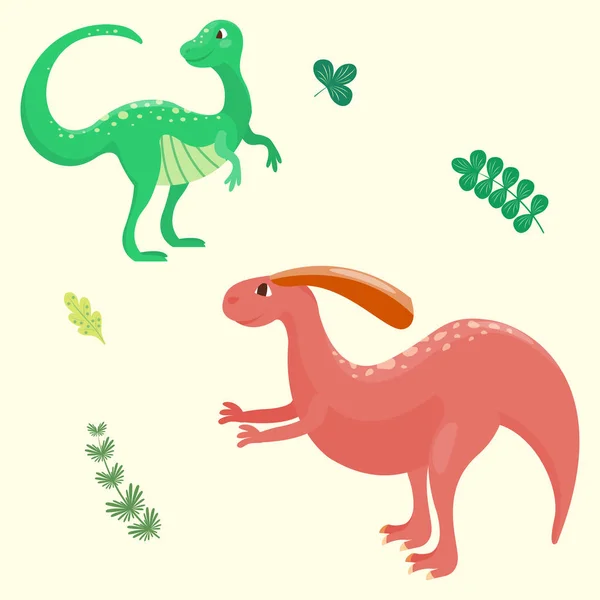 Dessin animé dinosaures vecteur illustration isolé monstre animal dino préhistorique personnage reptile prédateur jurassique fantaisie dragon feuille — Image vectorielle