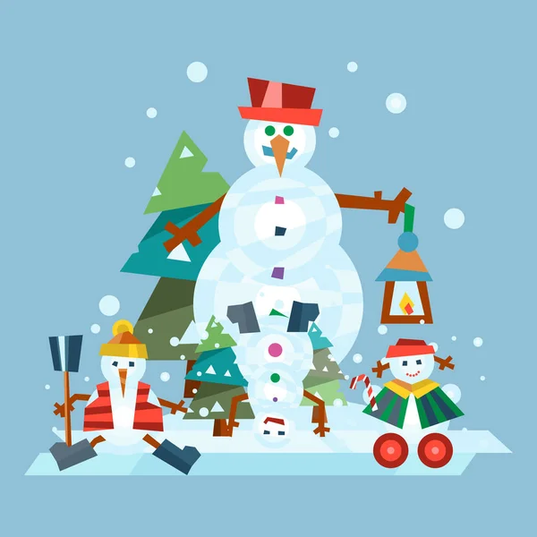 Vacances d'hiver bonhomme de neige personnage gai en costume de saison froide et célébration de Noël de neige saluant décembre joie icône de glace illustration vectorielle . — Image vectorielle