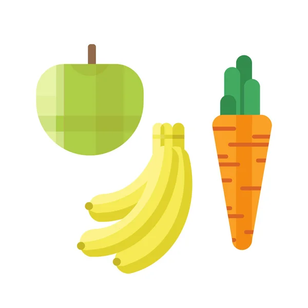 Manzana verde fresca zanahoria y plátano vector ilustración salud aislado delicioso frescura postre y vitamina alimentos orgánicos nutrición snack crudo . — Vector de stock