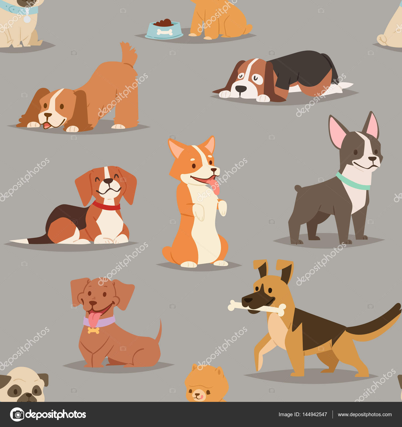 不同的狗品种可爱的小狗字符无缝模式图库矢量图©VectorShow 144942547