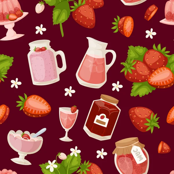 Кондитерские десерты клубнично-розовая икона набор вкусный сырой спелый джем и свежий продукт фрукты здоровый красный ягода бесшовный узор, векторная иллюстрация . — стоковый вектор