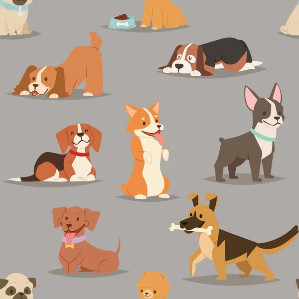 Diferentes perros crían lindos personajes de cachorro patrón sin costuras — Vector de stock