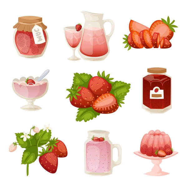 Konfektyr Ikonuppsättning desserter jordgubb mjölk kaka cupcake rosa läckra raw mogna sylt och färska produkter frukt friska röda bär vektorillustration. — Stock vektor