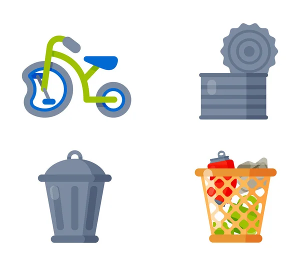 Οικιακών αποβλήτων απορριμμάτων εικονίδια διανυσματικά εικονογράφηση σκουπίδια ανακύκλωση οικολογία περιβάλλον έννοια ανακυκλώστε απομονωμένοι σύμβολο πλαστικό χαρτί μπορεί να Μπιν eco — Διανυσματικό Αρχείο
