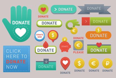 Düğmeleri vektör kümesi illüstrasyon yardım simgesi bağış hediye izole sadaka destek tasarım işaret katkı vermek para veren sembol katkıda bağış