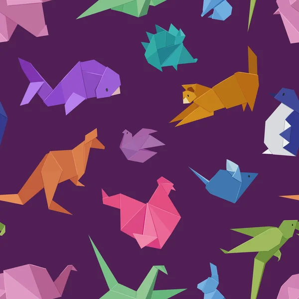 Origami style de différents animaux de papier jeu géométrique jouets japonais conception et asie décoration traditionnelle jeu de passe-temps illustration vectorielle de motif sans couture . — Image vectorielle