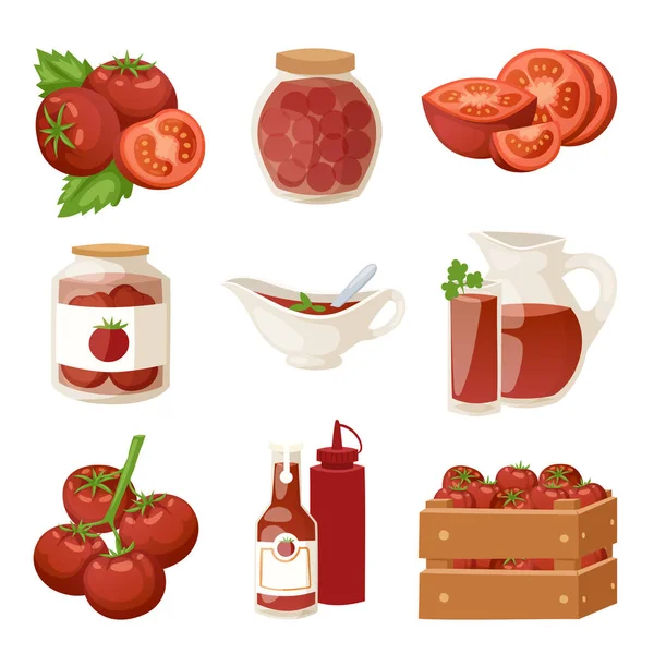 Verse tomaten met plakken geïsoleerd op witte achtergrond en biologische rode tomaat producten gezond vegetarisch ingrediënt landbouw vectorillustratie. — Stockvector