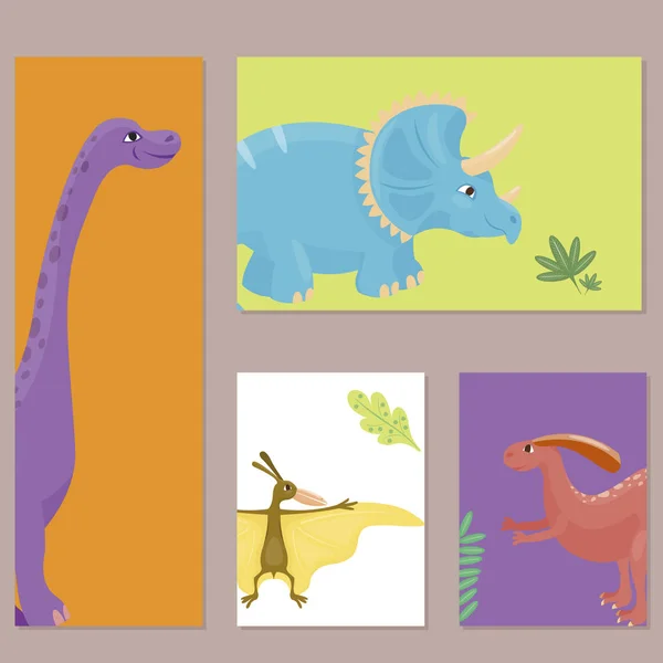 Dibujos animados dinosaurios vector ilustración aislado monstruo tarjeta plantilla animal dino carácter prehistórico reptil depredador jurásico cómic fantasía dragón — Vector de stock