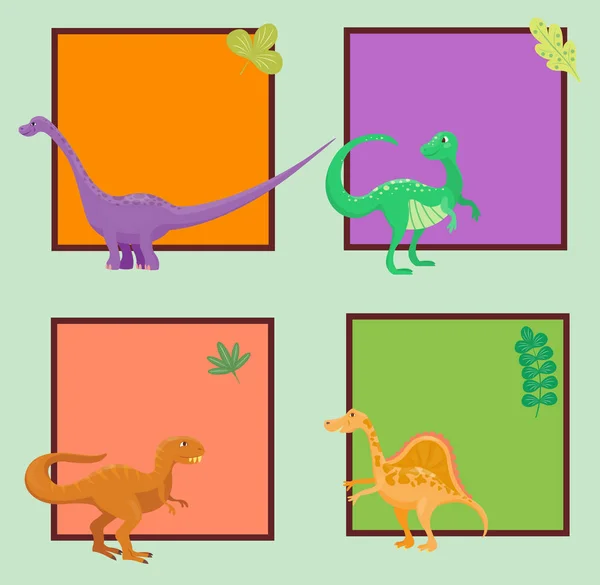 Cartoon dinosaurs vector illustration isolated monster card template animal dino prehistoric character reptile predator jurassic comic fantasy dragon — Stock Vector