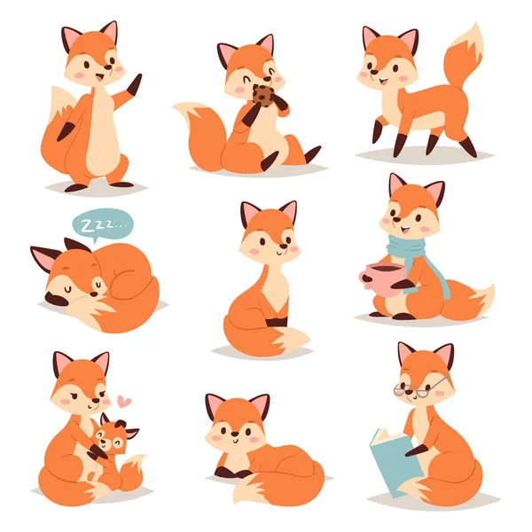 Fox lindo personaje adorable haciendo diferentes actividades divertido feliz naturaleza rojo cola y vida silvestre bosque naranja animal estilo gráfico vector ilustración . — Vector de stock