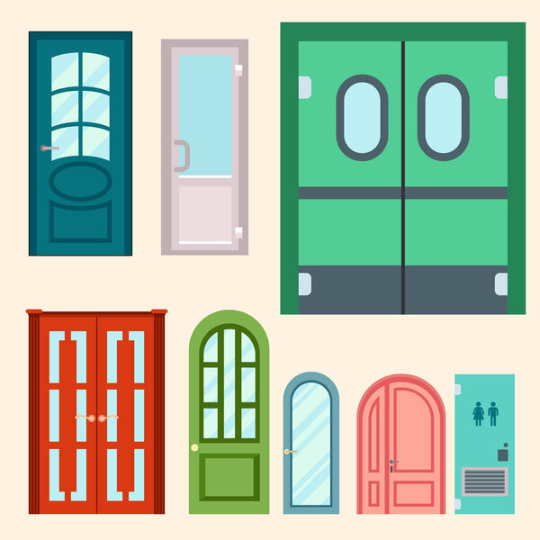 Двери изолированные векторные иллюстрации вход дверной проем дома интерьера выхода архитектурный вход набор введите объект передней деревянной ручкой близко
