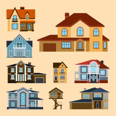 Mimari ev İnşaat Emlak Konut Emlak çatı bina evler Önden Görünüm vektör çizim apartman konut yazlık ayarla