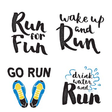 Amblem etiket ve fitness eğitim atlet koşu Maratonu logo sembol sprint motivasyon rozet başarı izole iş vektör çizim çalıştıran.