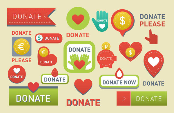 Donate buttons vector set illustration help icon donation gift charity isolated support design sign contribute contribution give money giving symbol