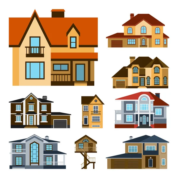 Domy pohled zepředu vektorové ilustrace stavební architektura domů stavební nemovitostí rezidenčních nemovitostí střešní sada byt bydlení Chalupa — Stockový vektor