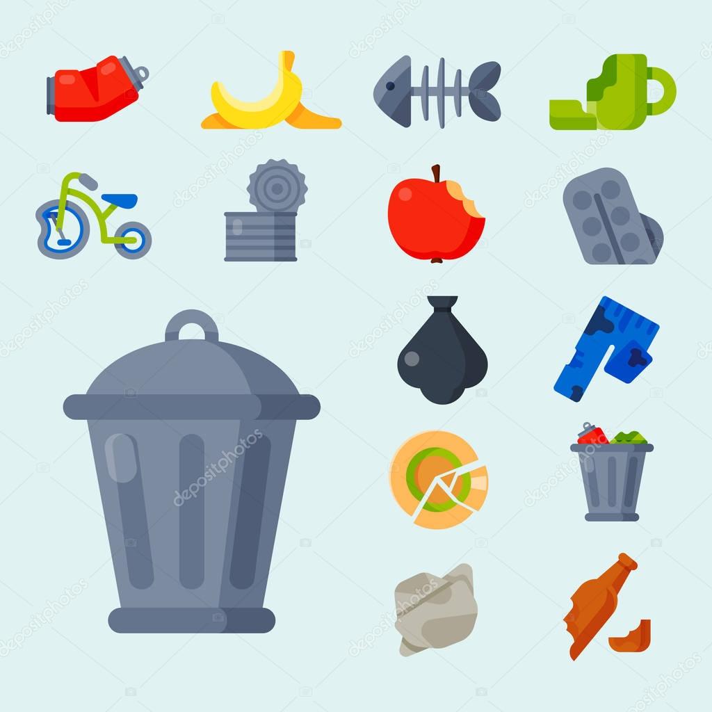 Household waste garbage icons vector illustration trash recycling ecology environment isolated recycle concept plastic paper symbol can bin eco