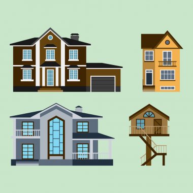 Mimari ev İnşaat Emlak Konut Emlak çatı bina evler Önden Görünüm vektör çizim apartman konut yazlık ayarla