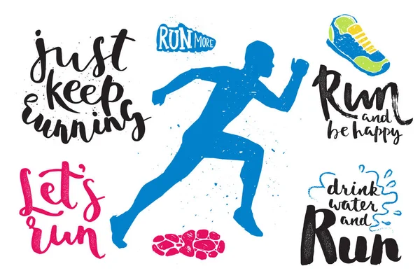 Lopen marathon logo joggen emblemen label en fitness training atleet symbool sprint motivatie badge succes werk geïsoleerd vectorillustratie. — Stockvector
