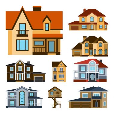 Mimari ev İnşaat Emlak Konut Emlak çatı bina evler Önden Görünüm vektör çizim apartman konut yazlık ayarla