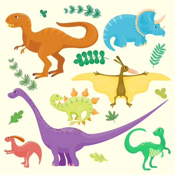 Desenhos animados dinossauros vetor ilustração isolado monstro animal dino caráter pré-histórico réptil predador jurássico fantasia dragão folha —  Vetores de Stock