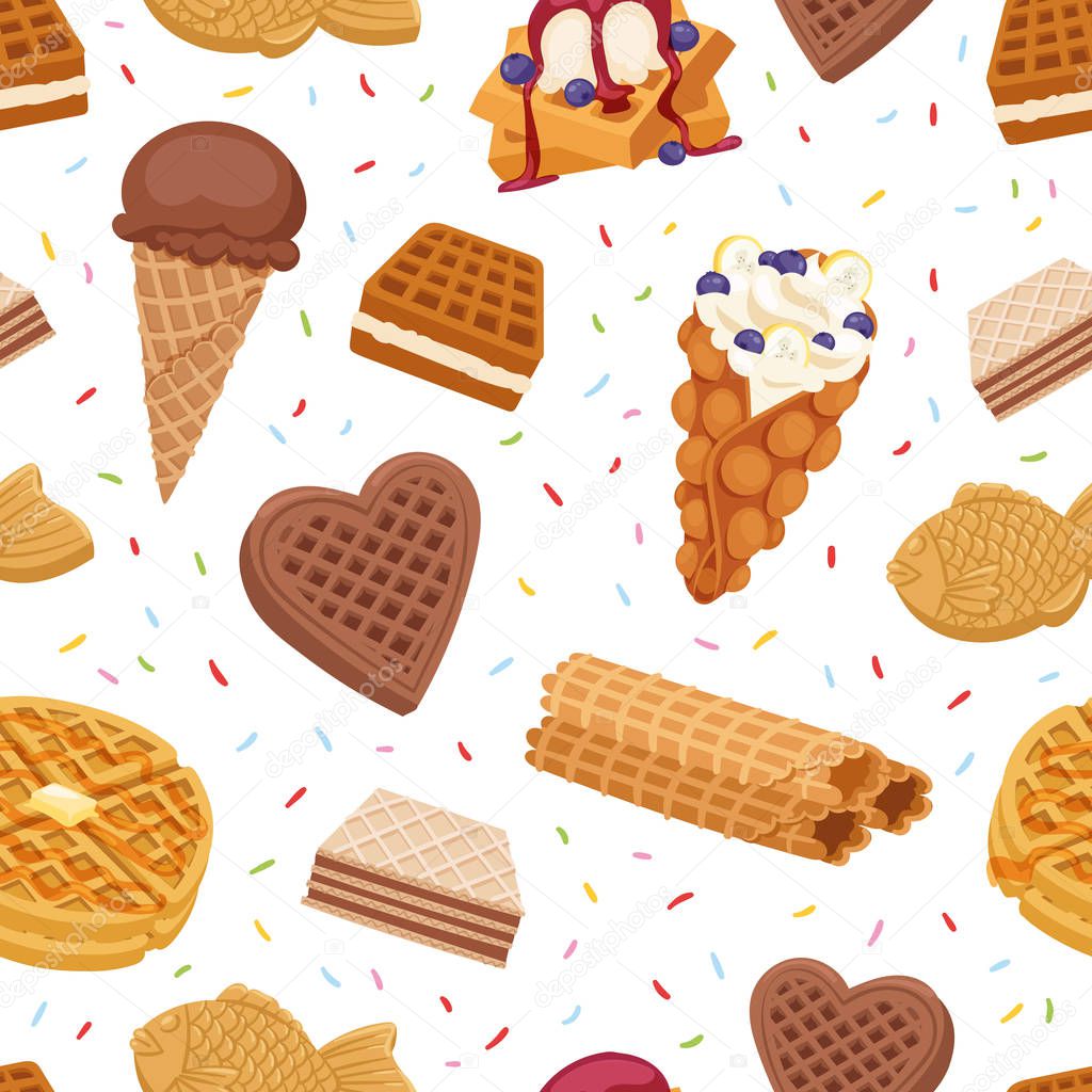 Different wafer cookies waffle cakes and chocolate delicious snack cream dessert crispy bakery food vector seamless pattern.