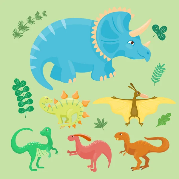 Fumetto dinosauri vettore illustrazione isolato mostro animale dino preistorico personaggio rettile predatore giurassico fantasia drago foglia — Vettoriale Stock
