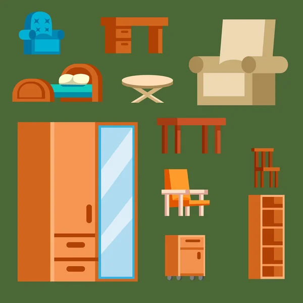 Möbler ikoner vektor illustration isolerade interiör living skåp enkelt element inomhus hem set rum Regeringskansliet hus fåtölj soffa garderob — Stock vektor